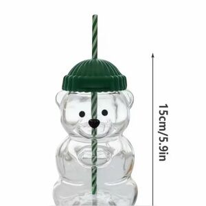 Bear Shaped Clear Glass Cup with Green Lid and Straw